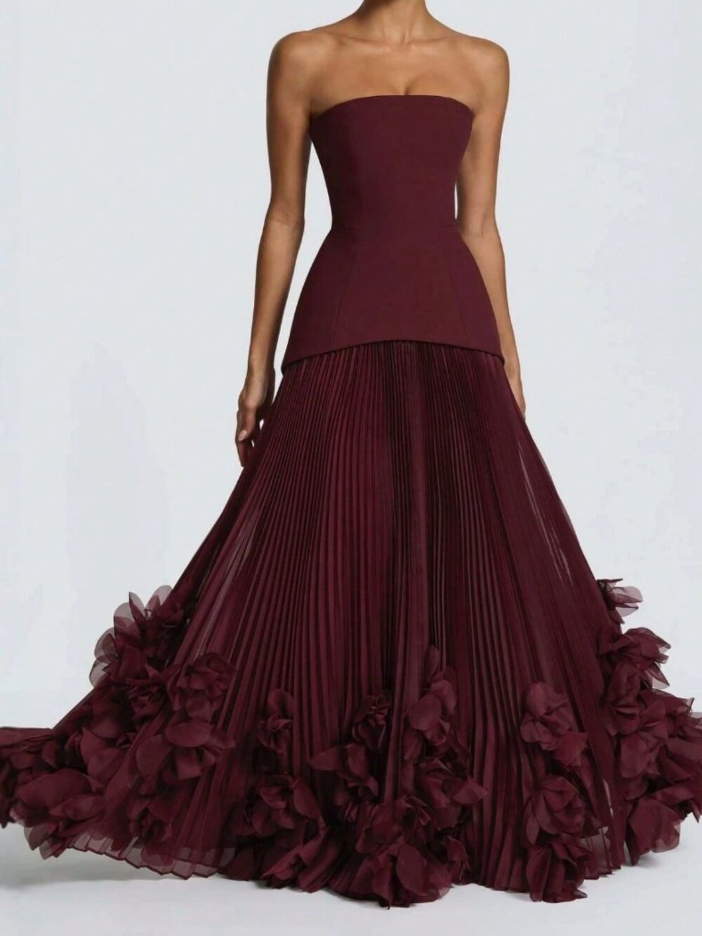Burgundy Elegant Women's Strapless Pleated Long Dress